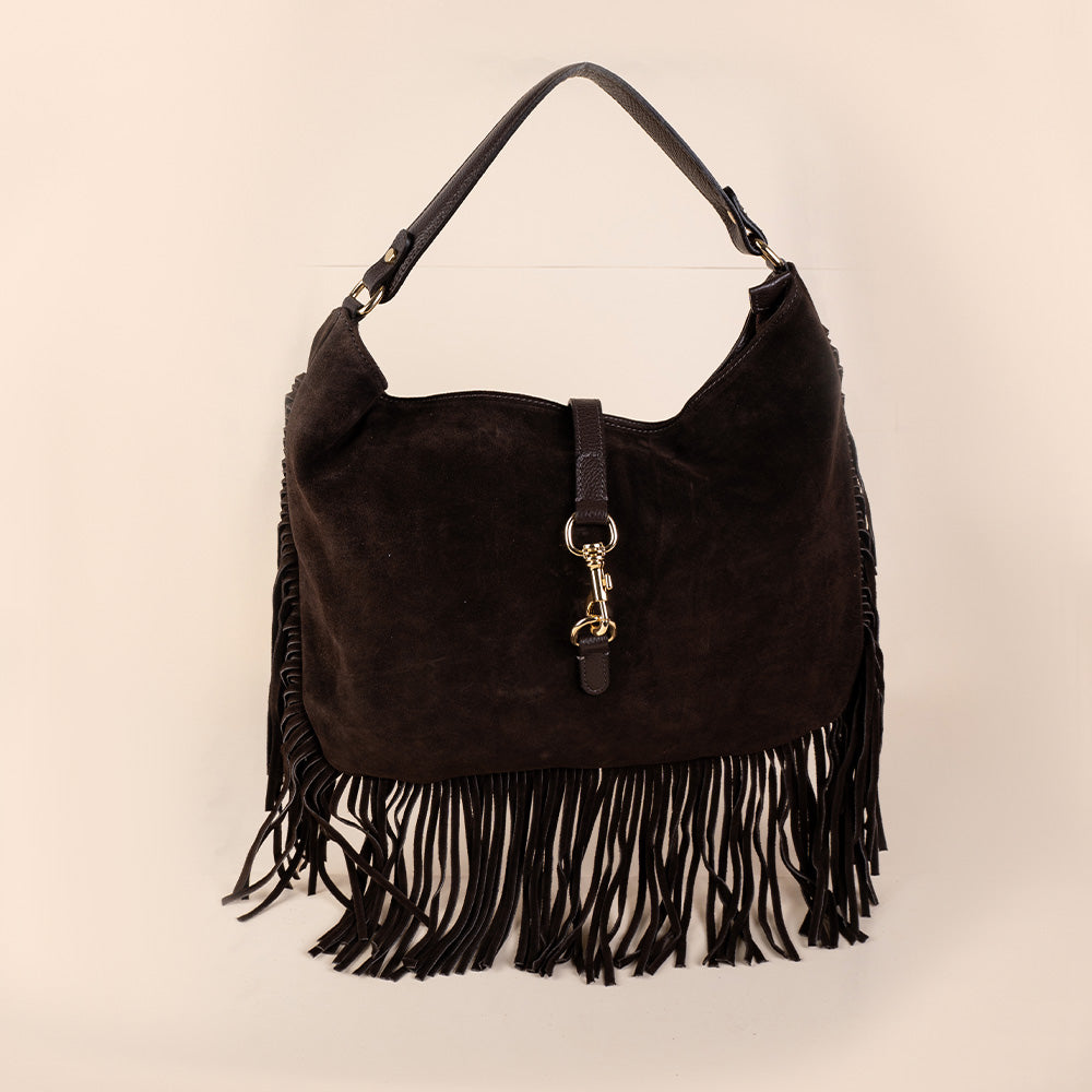 BORSA A SPALLA CON FRANGE , MOSCHETTONE E TRACOLLA