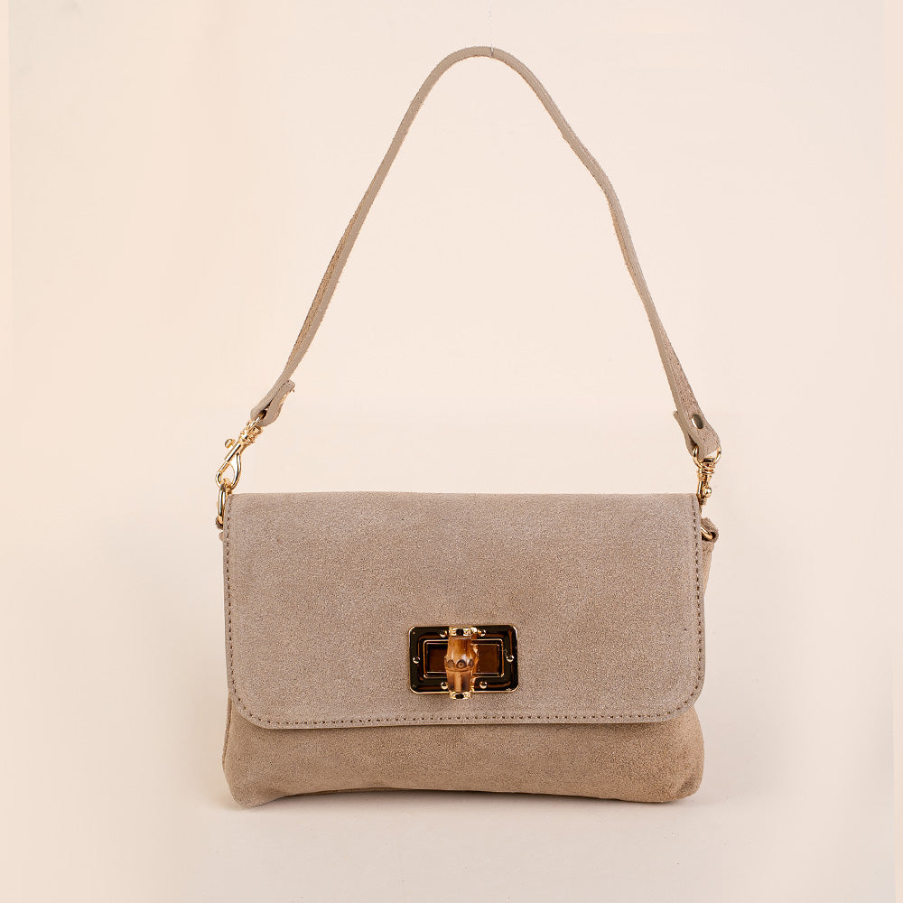 BORSA A MANO CON CHIUSURA IN BAMBOO A GIRELLO E TRACOLLA SCAMOSCIATA