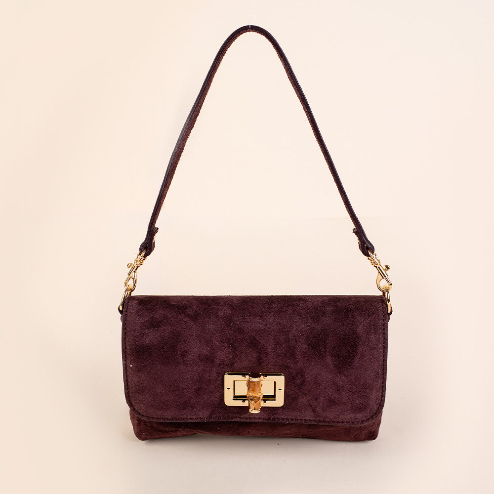 BORSA A MANO CON CHIUSURA IN BAMBOO A GIRELLO E TRACOLLA SCAMOSCIATA