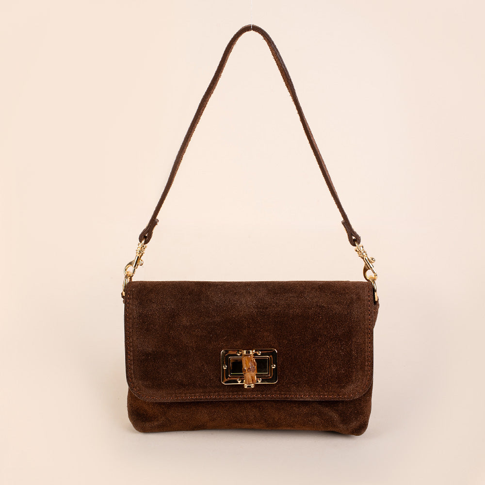 BORSA A MANO CON CHIUSURA IN BAMBOO A GIRELLO E TRACOLLA SCAMOSCIATA