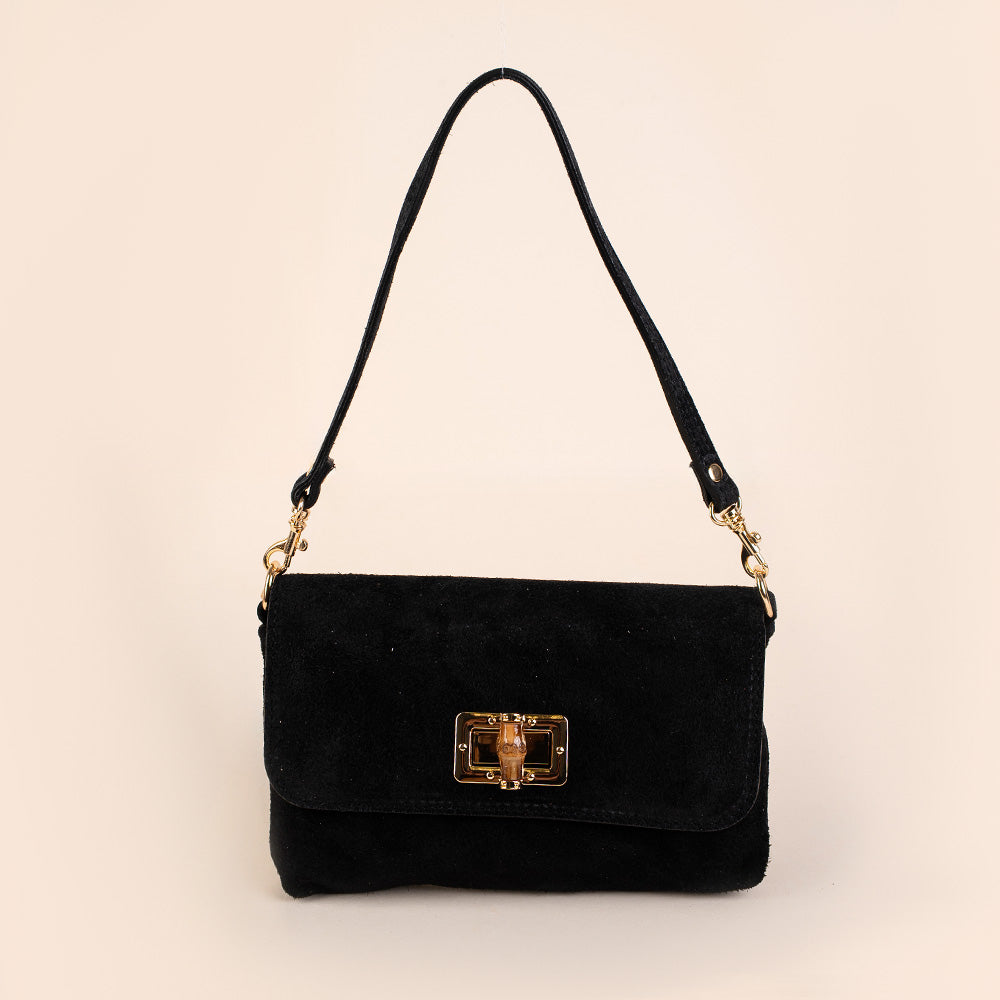 BORSA A MANO CON CHIUSURA IN BAMBOO A GIRELLO E TRACOLLA SCAMOSCIATA