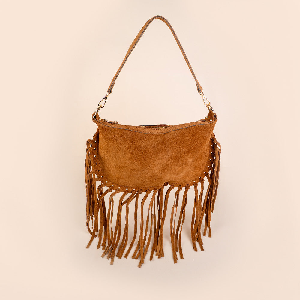BORSA A SPALLA E TRACOLLA CON FRANGE SCAMOSCIATA