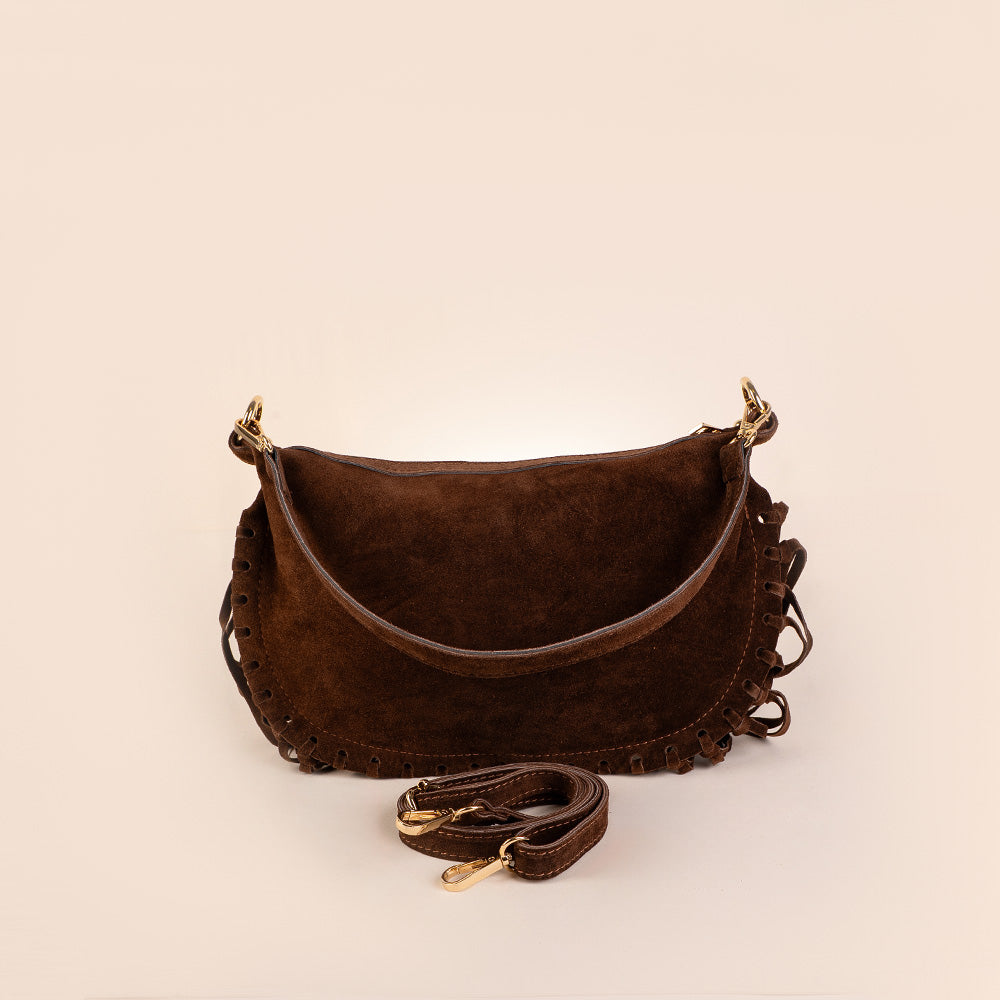 BORSA A SPALLA E TRACOLLA CON FRANGE SCAMOSCIATA