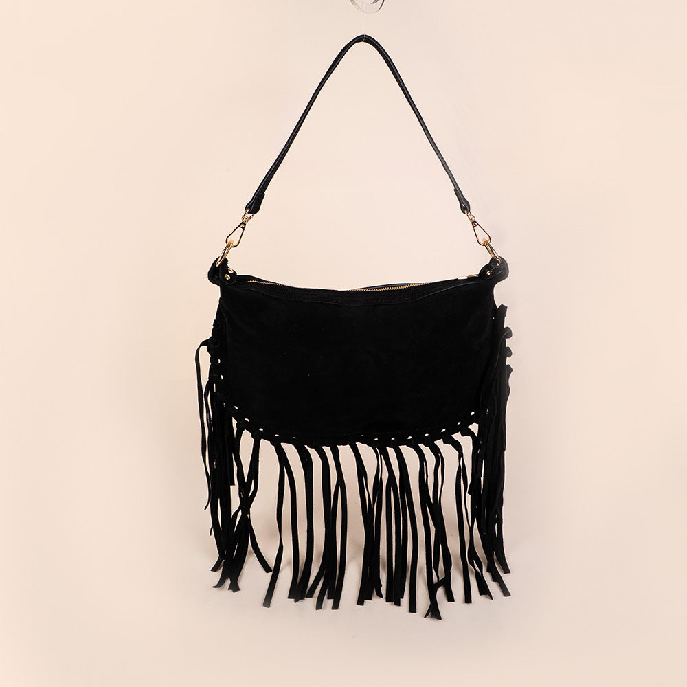 BORSA A SPALLA E TRACOLLA CON FRANGE SCAMOSCIATA