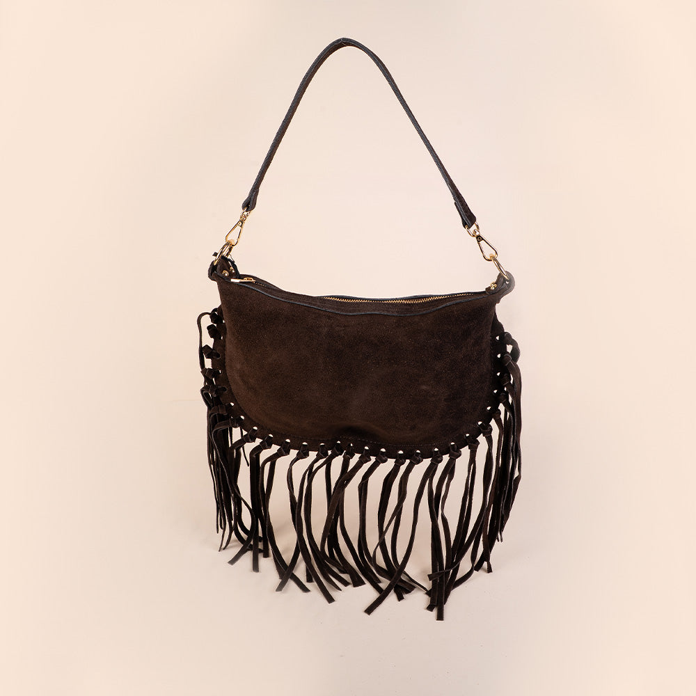 BORSA A SPALLA E TRACOLLA CON FRANGE SCAMOSCIATA