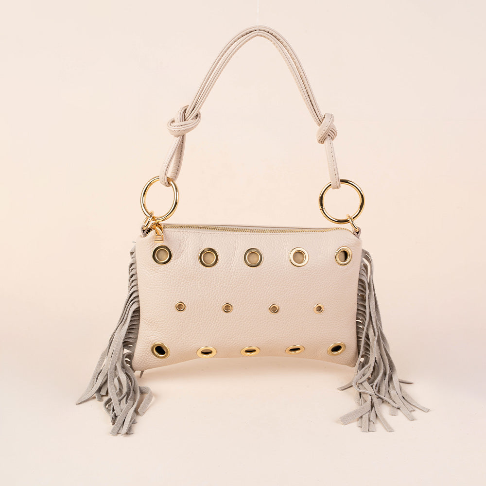 BORSA POCHETTE CON BORCHIE  FRANGE LATERALI E TRACOLLA