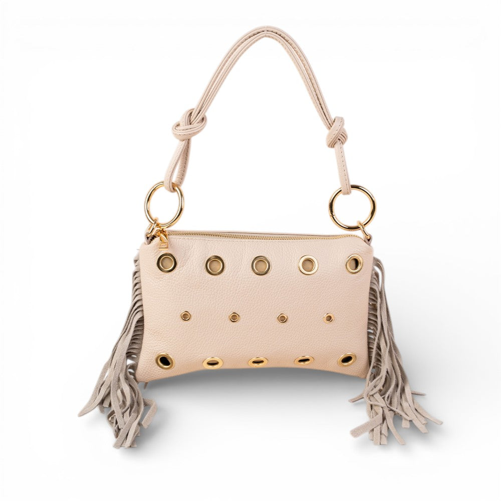 BORSA POCHETTE CON BORCHIE  FRANGE LATERALI E TRACOLLA