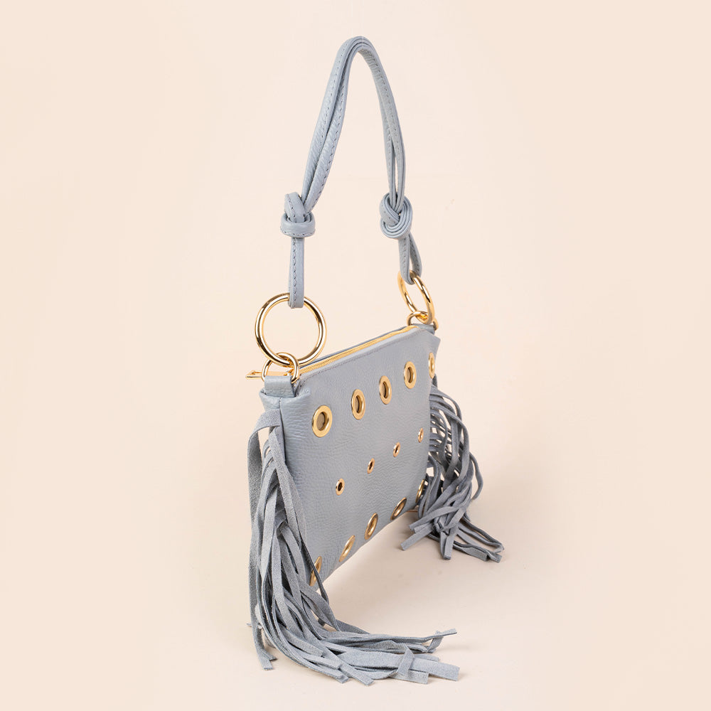 BORSA POCHETTE CON BORCHIE  FRANGE LATERALI E TRACOLLA