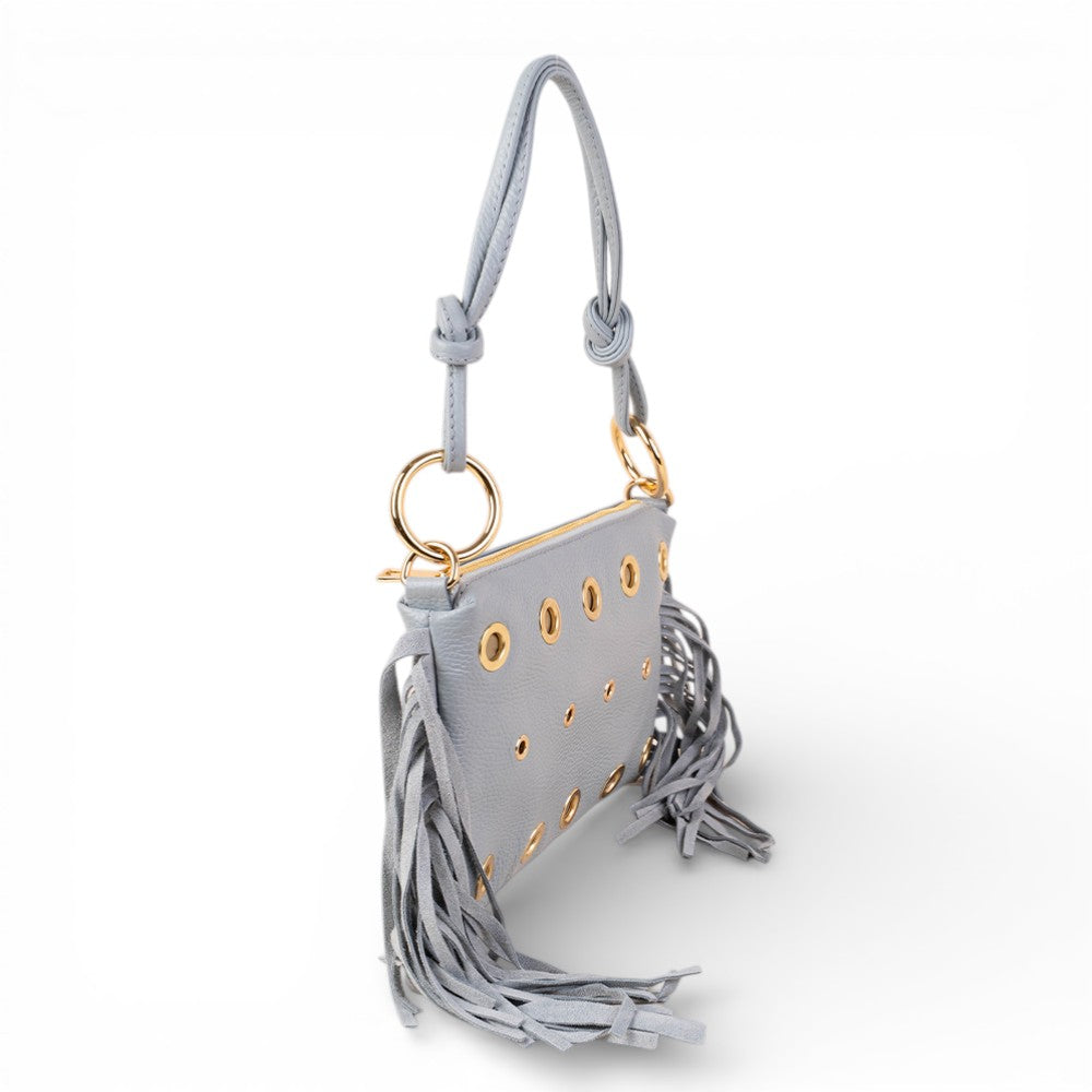 BORSA POCHETTE CON BORCHIE  FRANGE LATERALI E TRACOLLA