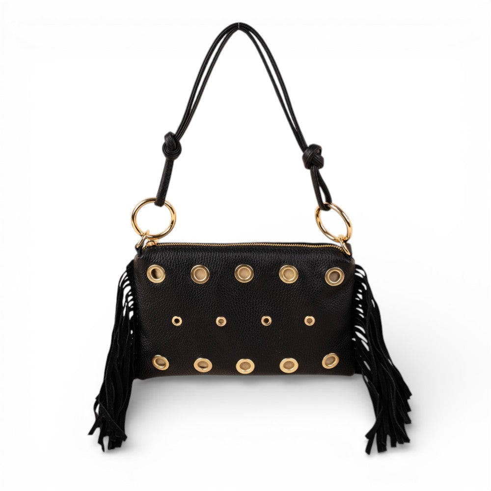 BORSA POCHETTE CON BORCHIE  FRANGE LATERALI E TRACOLLA