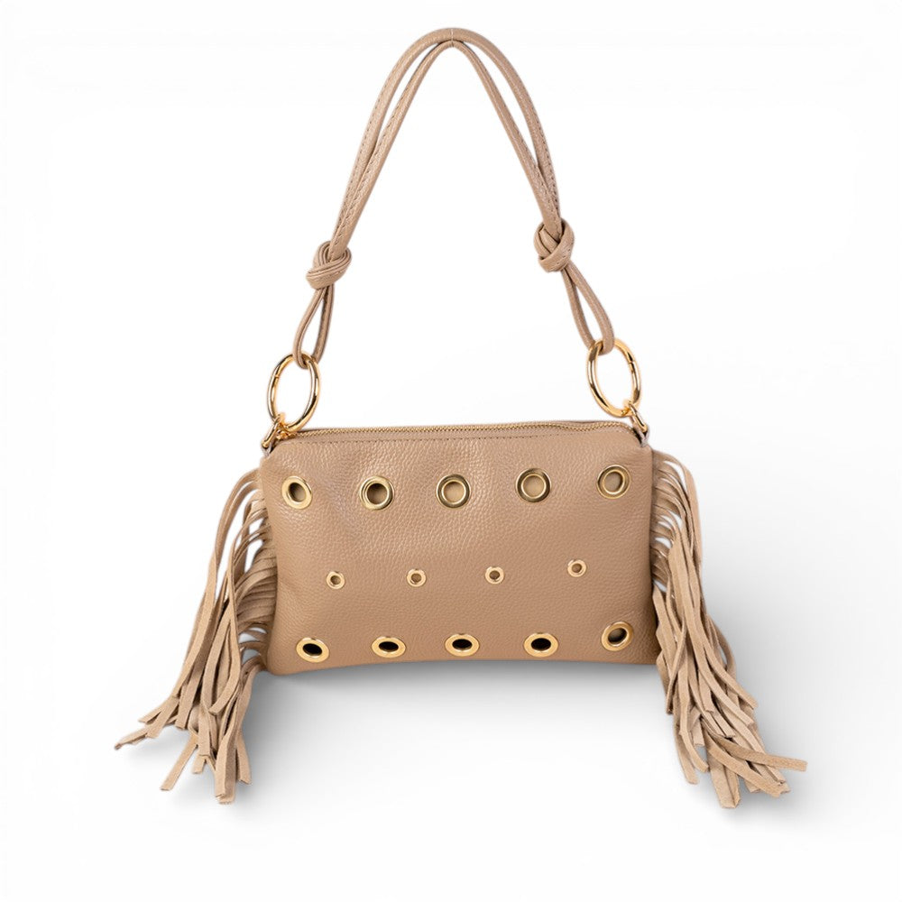 BORSA POCHETTE CON BORCHIE  FRANGE LATERALI E TRACOLLA