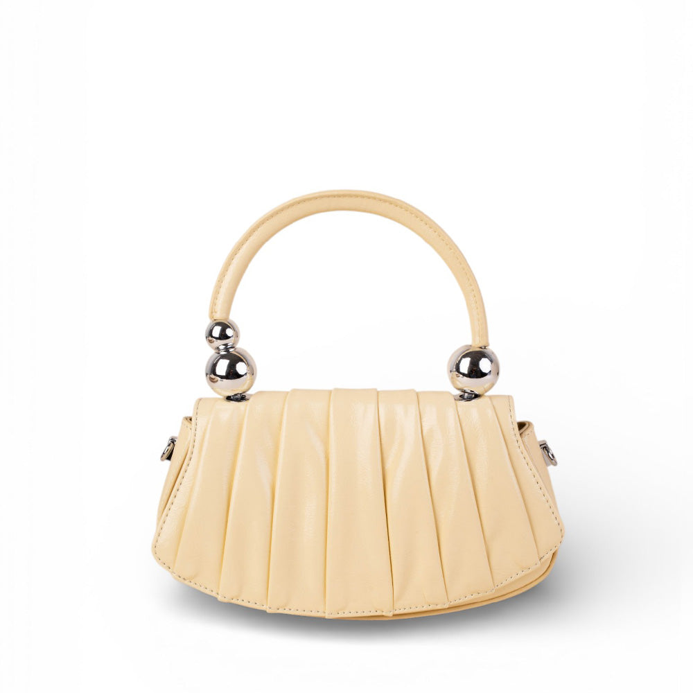 BORSA A MANO CON SFERE SUL MANICO ,TRACOLLA E PIEGHE SUL TESSUTO ANTERIORE