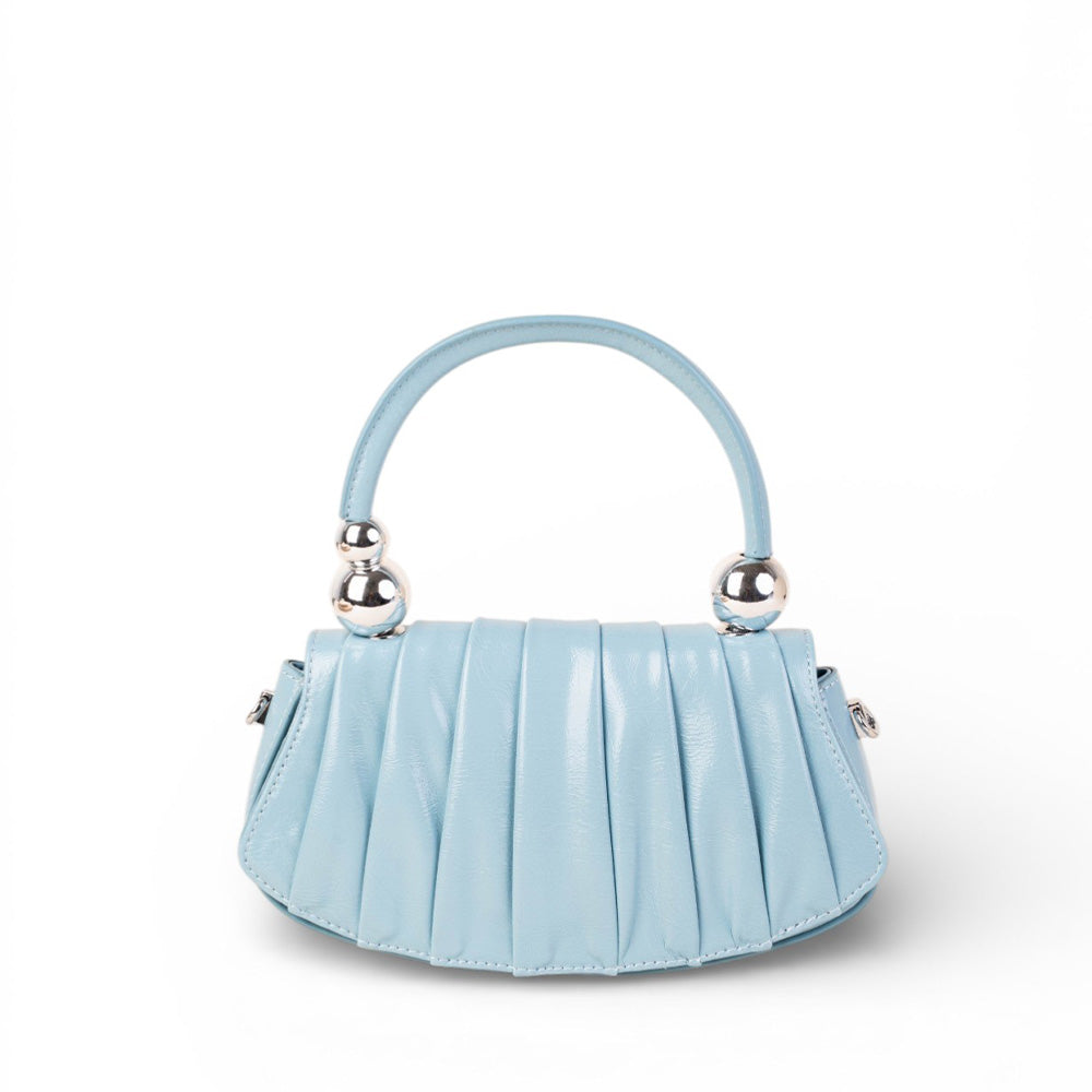 BORSA A MANO CON SFERE SUL MANICO ,TRACOLLA E PIEGHE SUL TESSUTO ANTERIORE