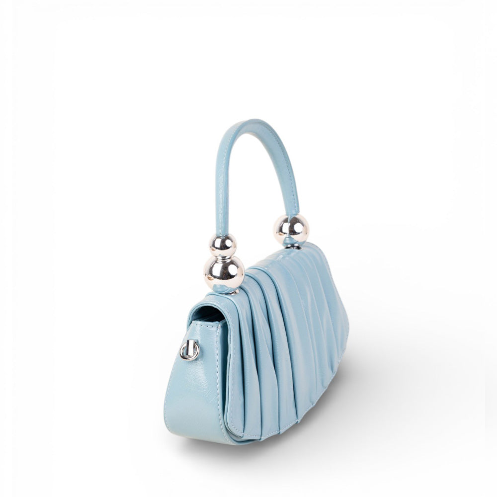 BORSA A MANO CON SFERE SUL MANICO ,TRACOLLA E PIEGHE SUL TESSUTO ANTERIORE