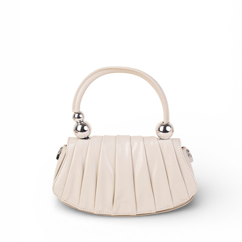 BORSA A MANO CON SFERE SUL MANICO ,TRACOLLA E PIEGHE SUL TESSUTO ANTERIORE