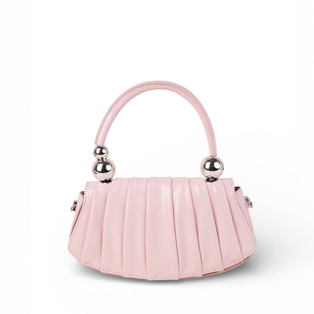 BORSA A MANO CON SFERE SUL MANICO ,TRACOLLA E PIEGHE SUL TESSUTO ANTERIORE