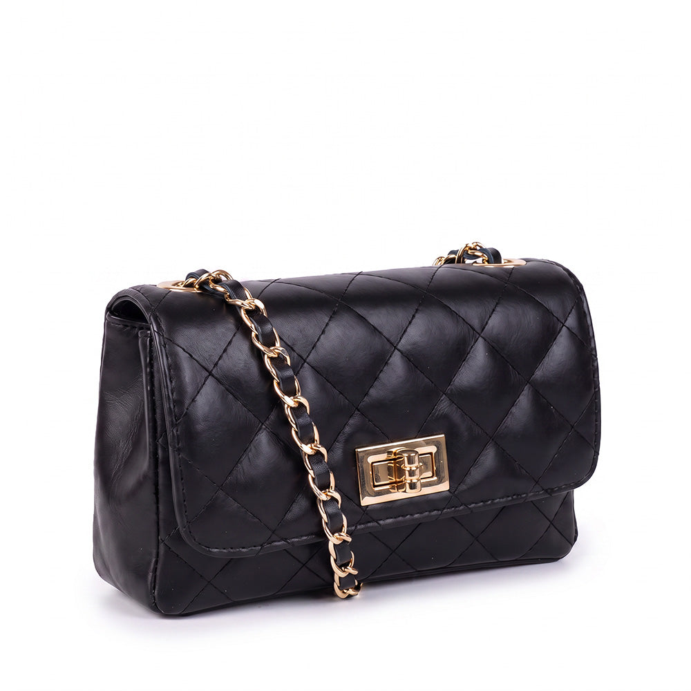 QUILTED EFFECT SHOULDER BAG WITH SWIVEL CLOSURE AND CHAIN SHOULDER STRAP