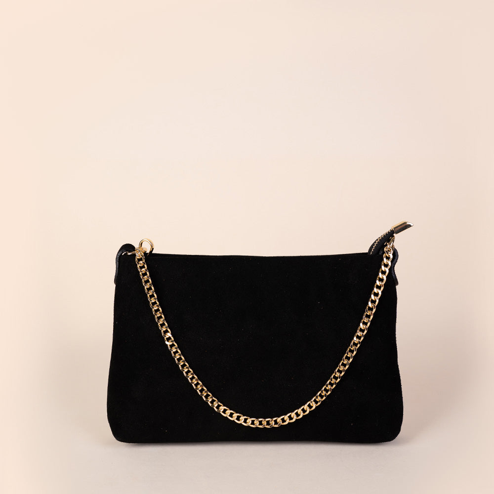 BORSA POCHETTE ON PELLE SCAMOSCIATA CON TRACOLLA E CATENA