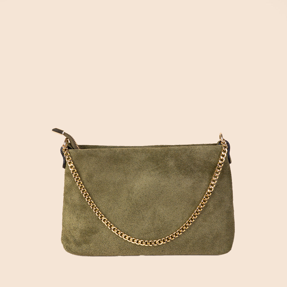 BORSA POCHETTE ON PELLE SCAMOSCIATA CON TRACOLLA E CATENA