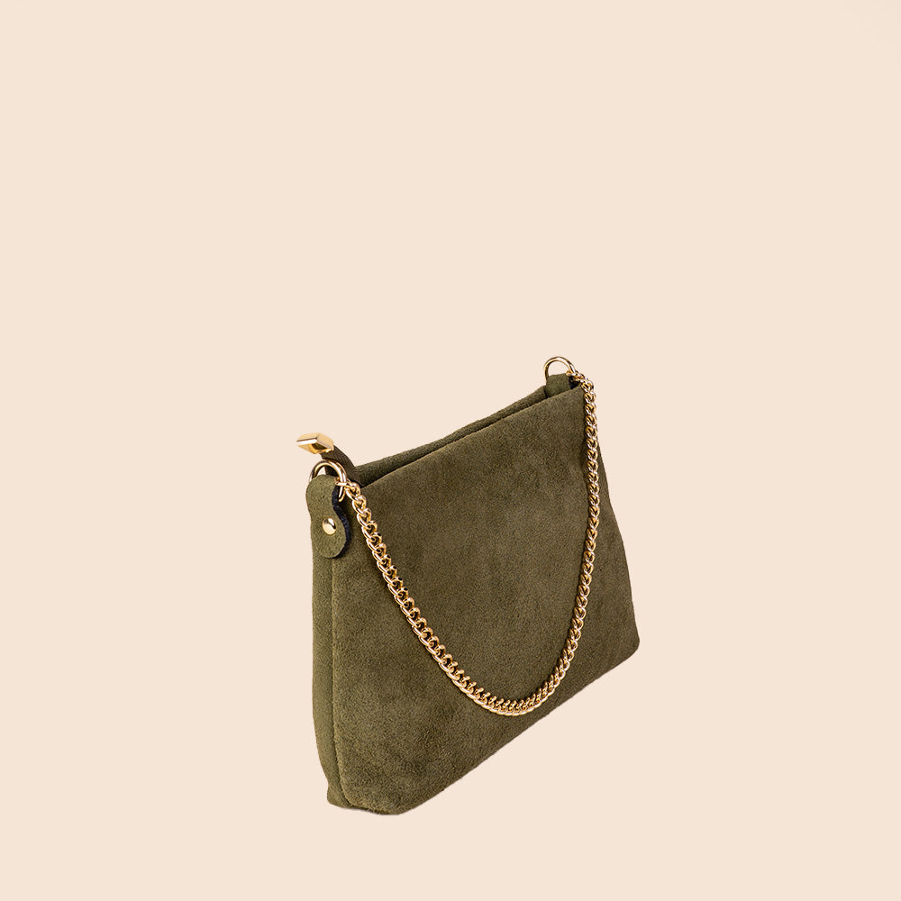 BORSA POCHETTE ON PELLE SCAMOSCIATA CON TRACOLLA E CATENA