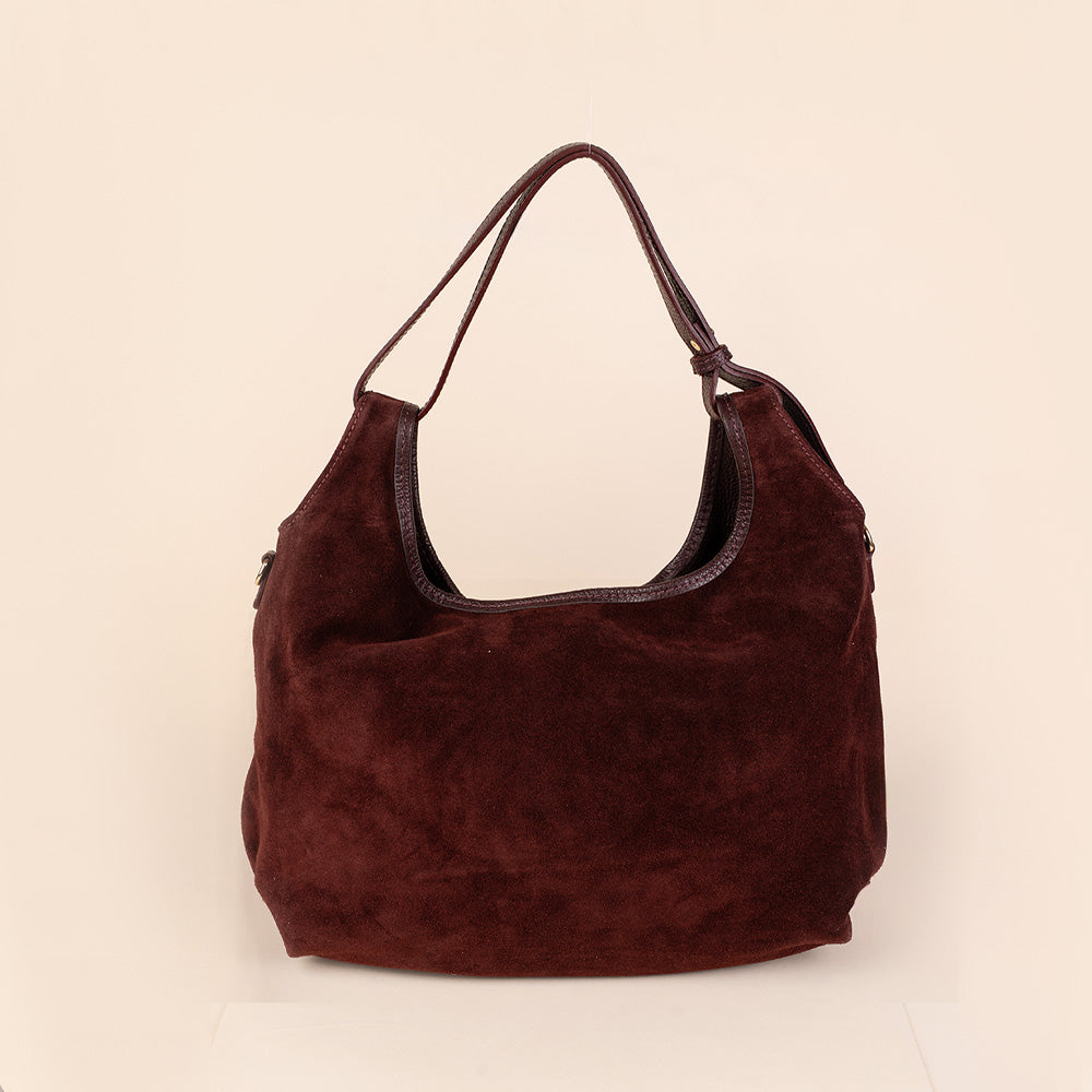 BORSA A SPALLA SCAMOSCIATA CON BORDI IN PELLE MARTELLATA