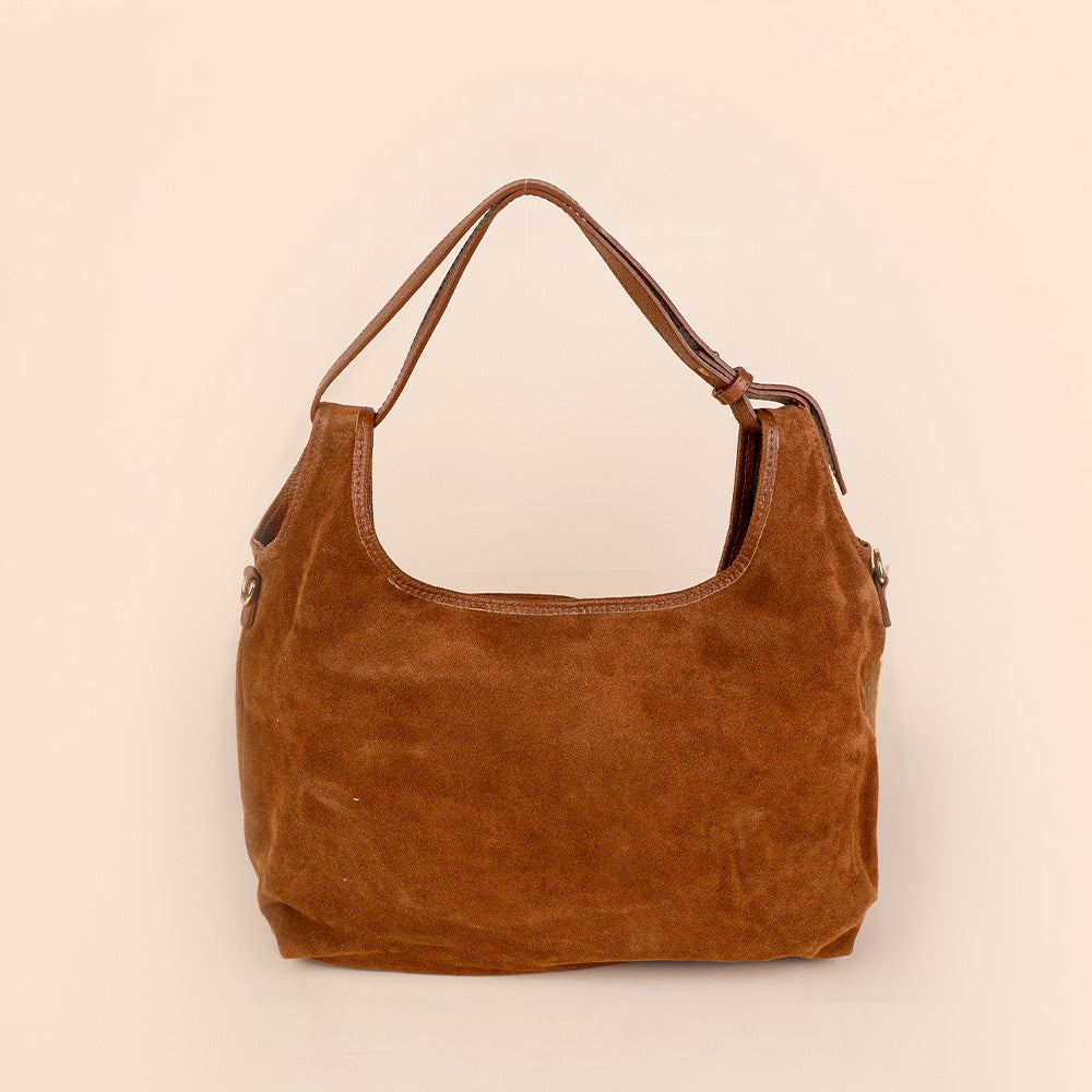 BORSA A SPALLA SCAMOSCIATA CON BORDI IN PELLE MARTELLATA
