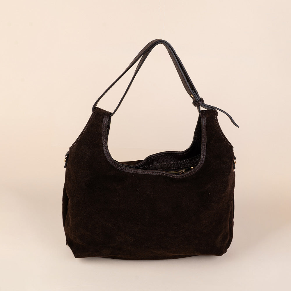 BORSA A SPALLA SCAMOSCIATA CON BORDI IN PELLE MARTELLATA