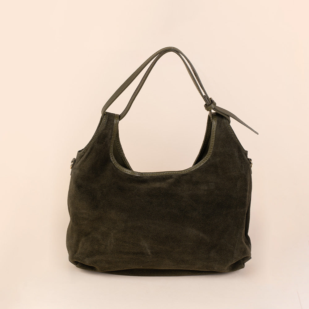BORSA A SPALLA SCAMOSCIATA CON BORDI IN PELLE MARTELLATA