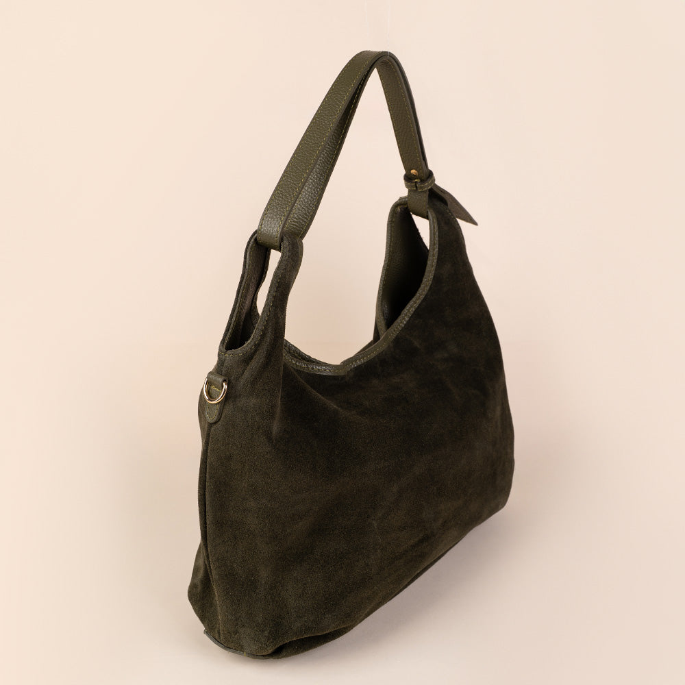 BORSA A SPALLA SCAMOSCIATA CON BORDI IN PELLE MARTELLATA