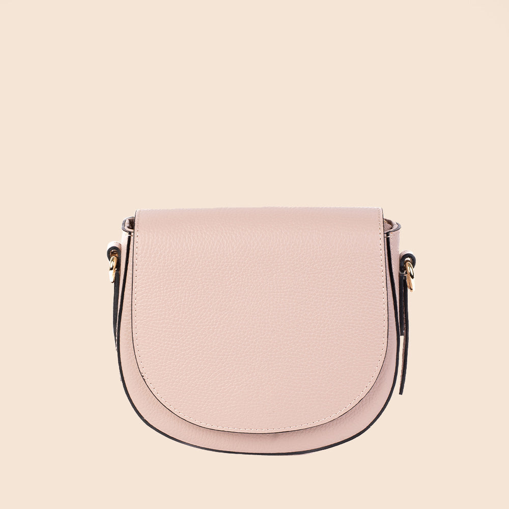ROUNDED CLUTCH BAG WITH FLAP CLOSURE