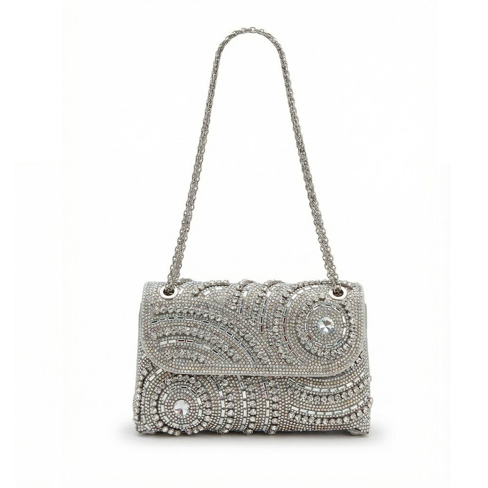 BORSA POCHETTE CON STRASS A DISEGNI CIRCOLARI E TRACOLLA