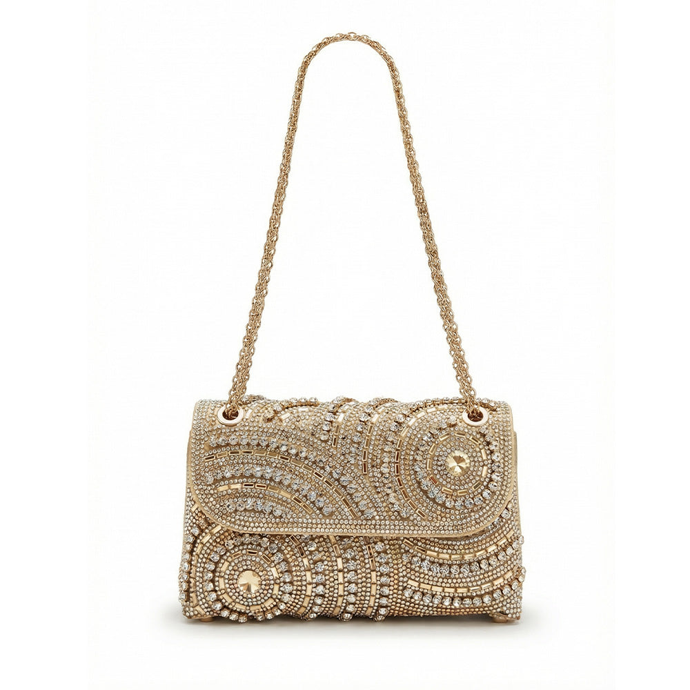 BORSA POCHETTE CON STRASS A DISEGNI CIRCOLARI E TRACOLLA