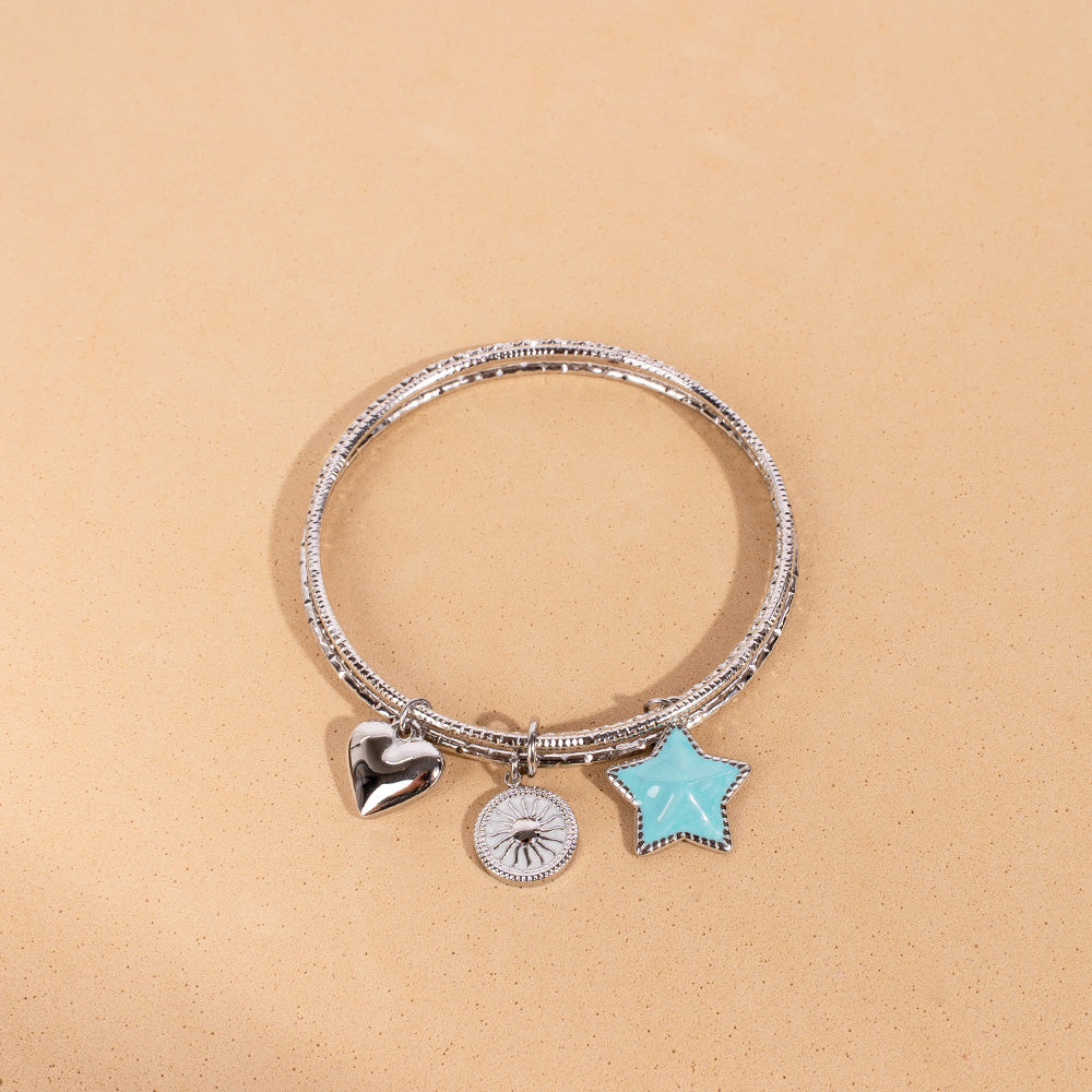 BRACCIALE RIGIDO CON CUORE, STELLA E SOLE PENDENTE