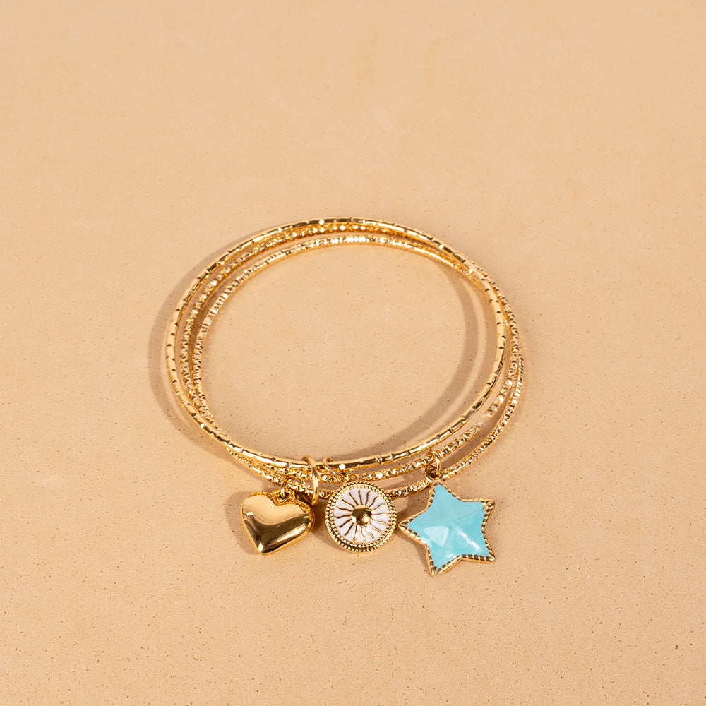 BRACCIALE RIGIDO CON CUORE, STELLA E SOLE PENDENTE