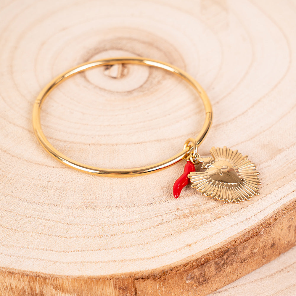 BRACCIALE RIGIDO CON APERTURA, PENDENTI SACRO CUORE E CORNO