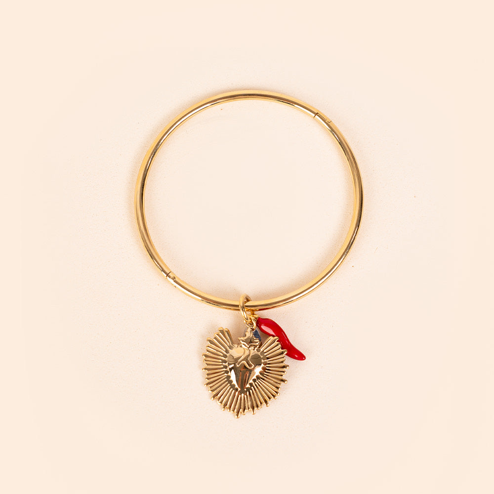 BRACCIALE RIGIDO CON APERTURA, PENDENTI SACRO CUORE E CORNO
