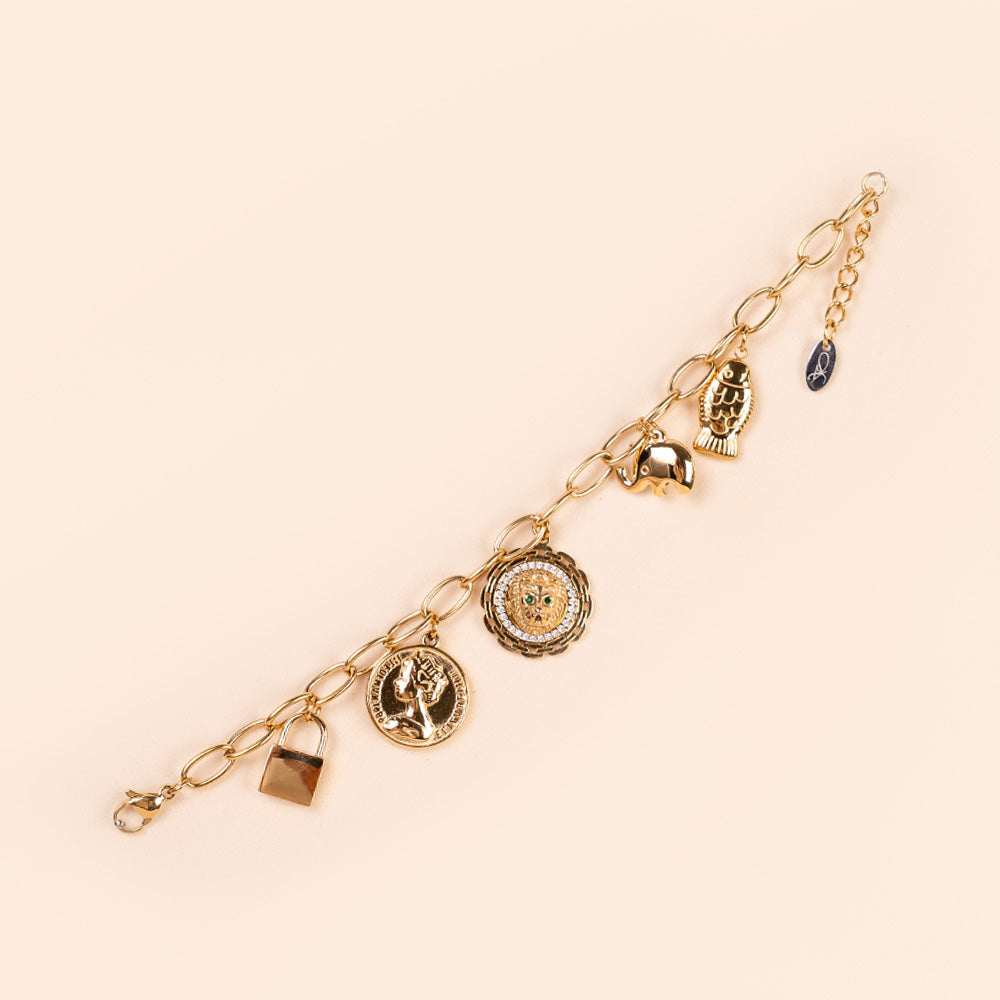 BRACCIALE A CATENA CON CIONDOLI A ELEFANTE,PESCE,LUCCHETTO