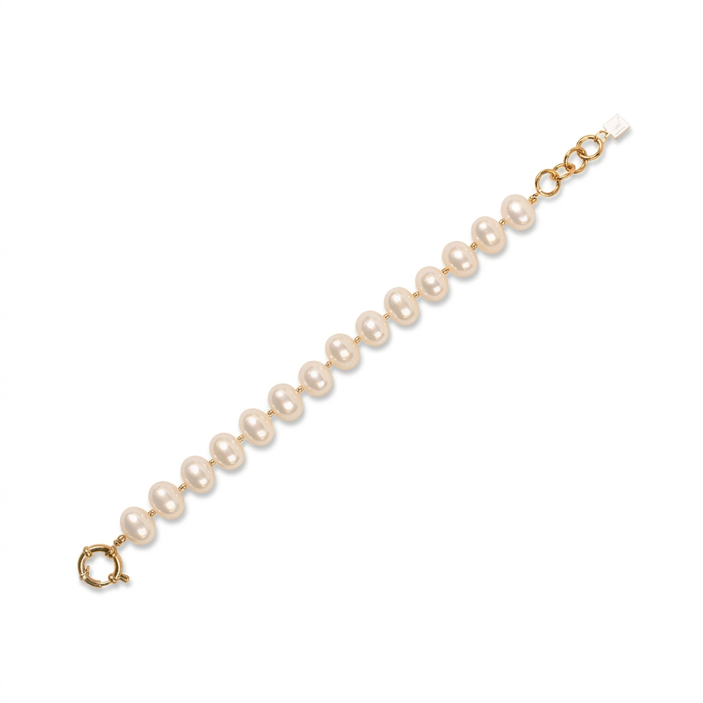 BRACCIALE CON PERLE OVALI LUCIDE INTERVALLATE DA PUNTI DORATI