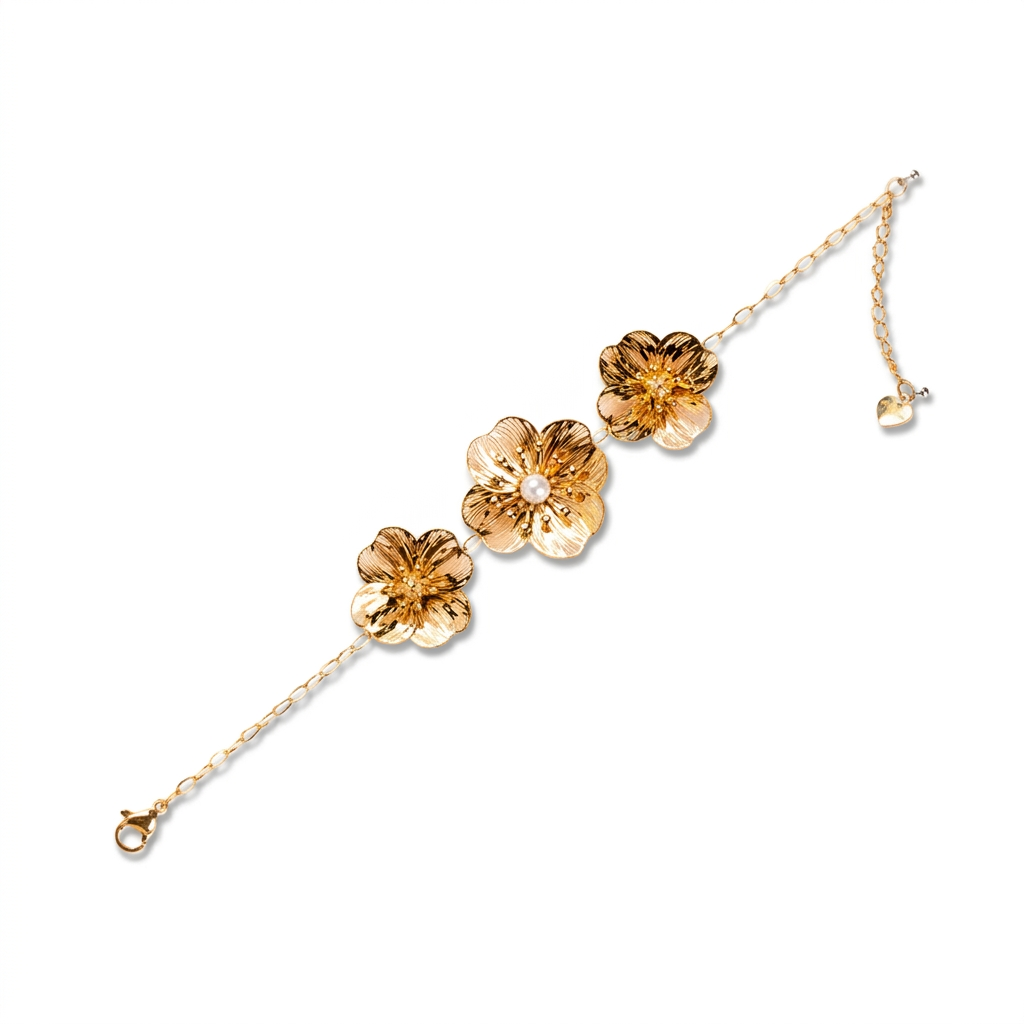 BRACCIALE MORBIDO A CATENELLA CON TRE FIORI E PERLA