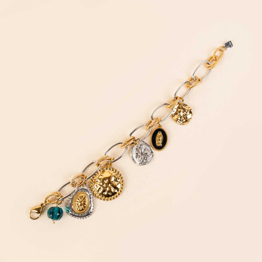 BRACCIALE A CATENA CON PENDENTI MARTELLATI E ICONA SACRA