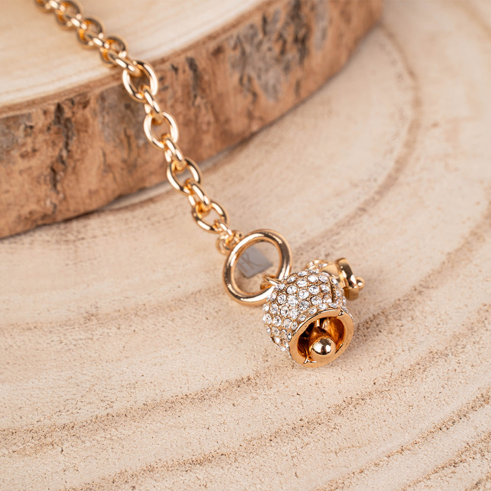 BRACCIALE CON CAMPANELLA PENDENTE RICOPERTA DI STRASS E CHIUSURA A T