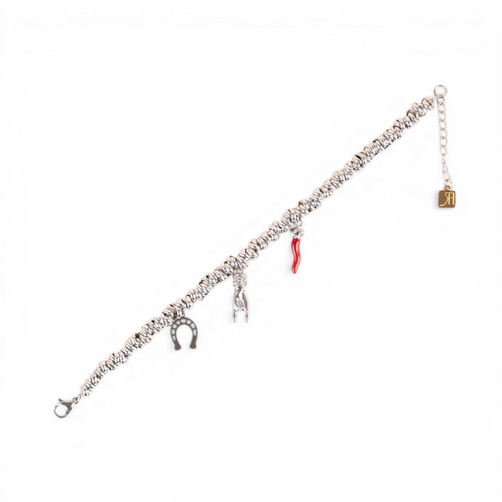 BRACCIALE CON ANELLI INTRECCIATI E PENDENTI PORTA FORTUNA
