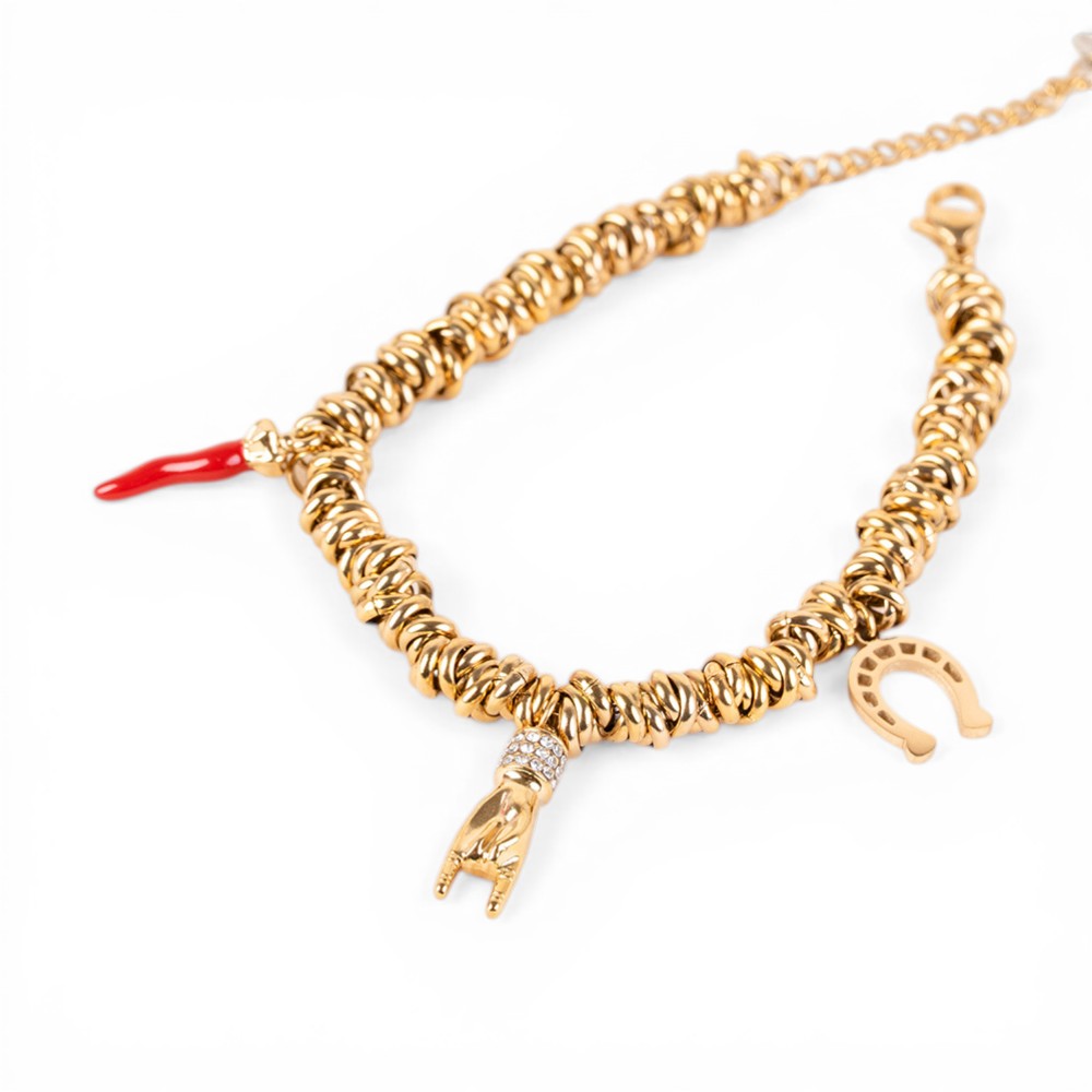 BRACCIALE CON ANELLI INTRECCIATI E PENDENTI PORTA FORTUNA