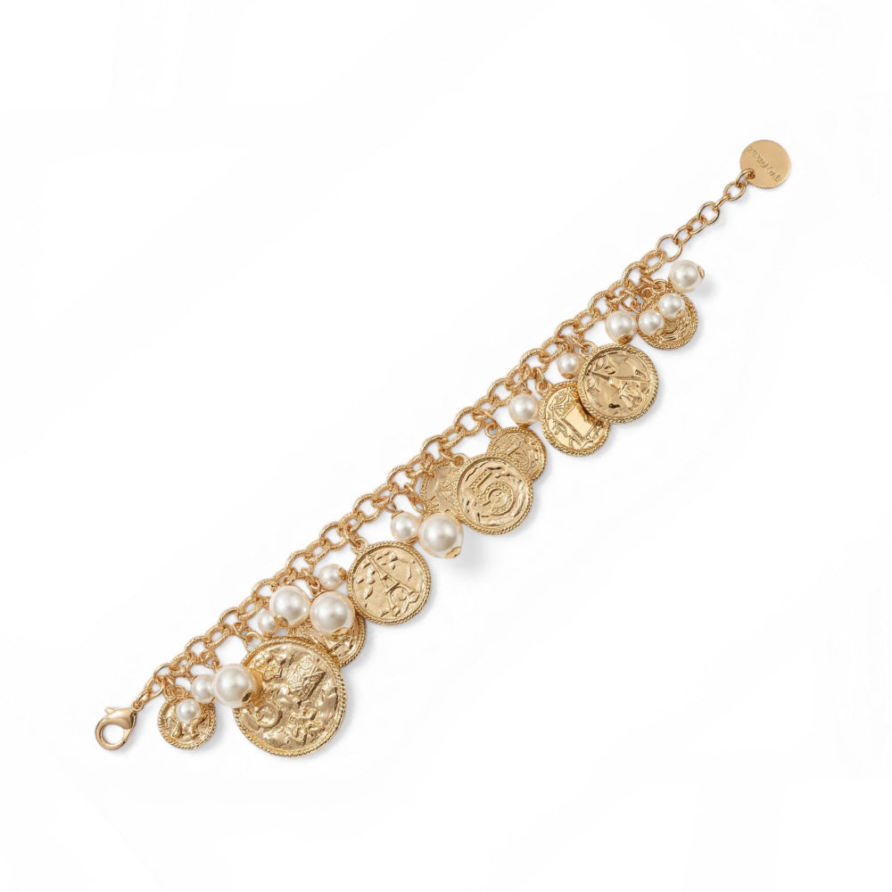 BRACCIALE MORBIDO CON MONETE E PERLE PENDENTI