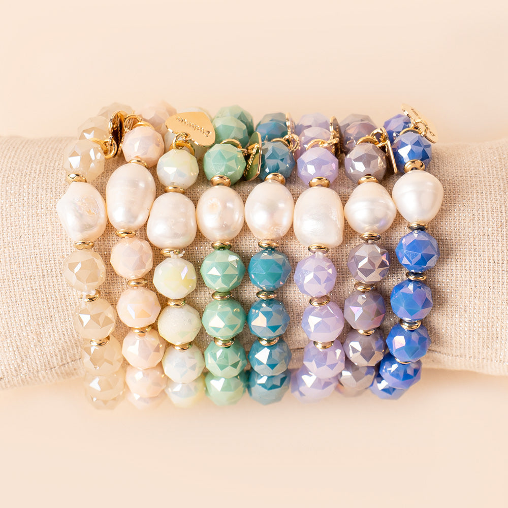 BRACCIALI ELASTICI CON PIETRE COLORATE E PERLA