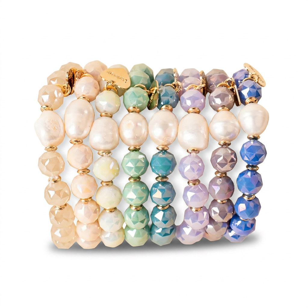 ELASTIC BRACELETS WITH COLORED STONES AND PEARL