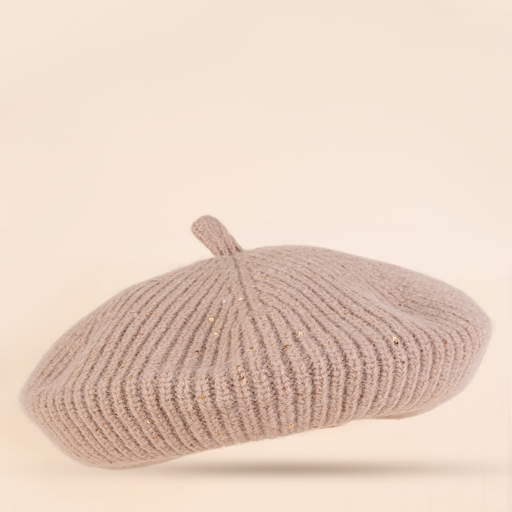 CAPPELLO MODELLO BASCO IN MAGLIA CON MICRO PAILLETES TONO SU TONO