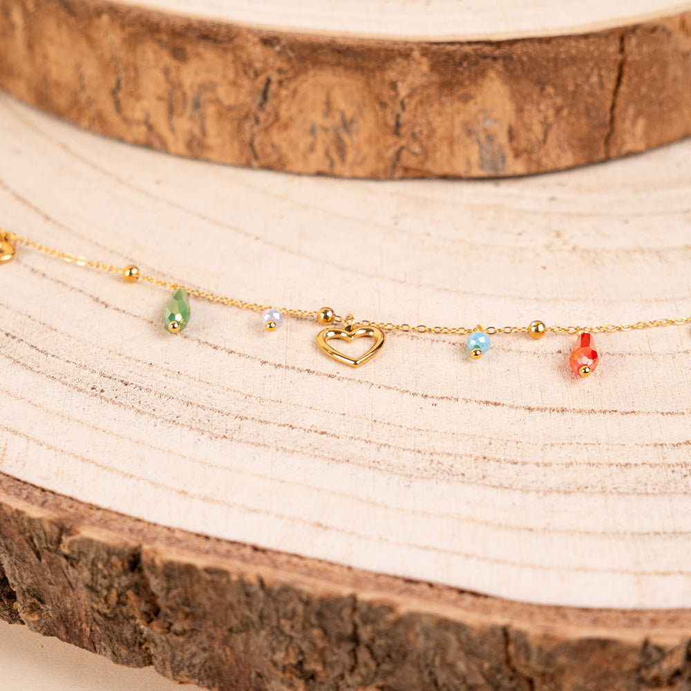 FINE ANKLET WITH HEARTS DANGLING AND COLORED CRYSTALS