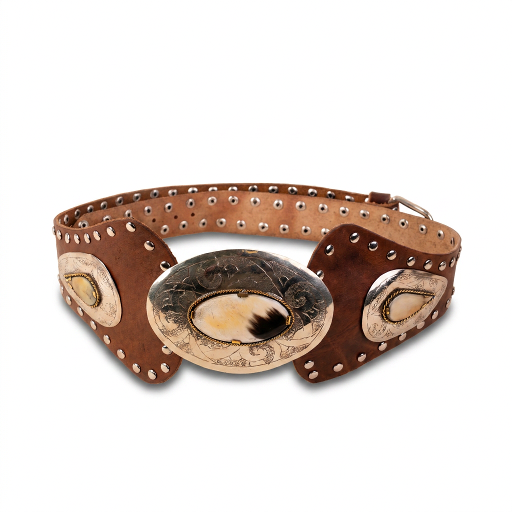 HIGH BELT WITH FRONT DECORATION, INSERTS AND STUDS