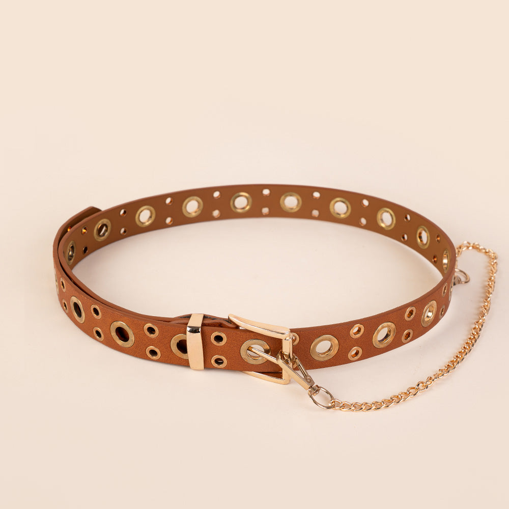 CINTURA CON BORCHIE BUCATE E CATENA PENDENTE